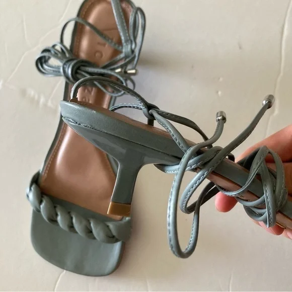 NWOB Vicenza Anthropologie Lace Up Square Toe Heels Green Leather Sz 6/37 - Picture 4 of 6